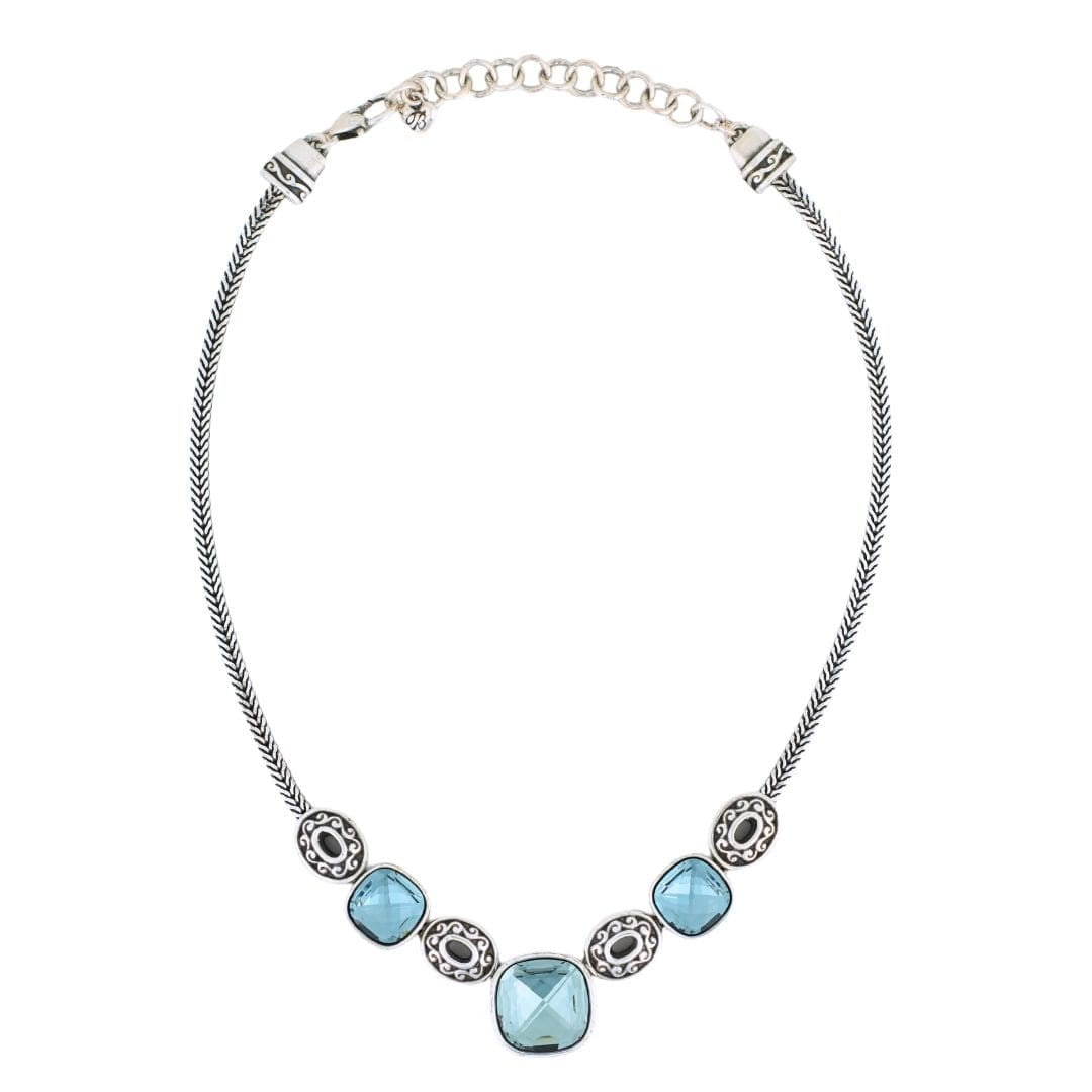 Sterling Silver Statement Necklace with 3 Blue Checkerboard Cut Glass Stones: Sterling Silver Statement Necklace with 3 Blue Checkerboard Cut Glass Stones Vintage ladies statement necklace crafted in sterling silver with three blue checkerboard-cut glass stones. This pre-owned 