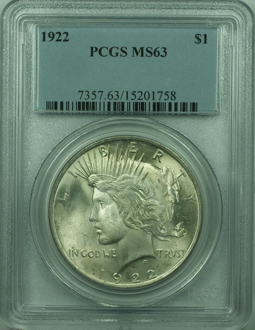 PCGS MS-63 1922 Peace Dollar $1 Silver Coin: PCGS MS-63 1922 Peace Dollar $1 Silver Coin This is a 1922 Peace Silver Dollar $1 coin from the United States, graded MS-63 by PCGS. The coin is composed of silver with a fineness of 0.9 and was minte