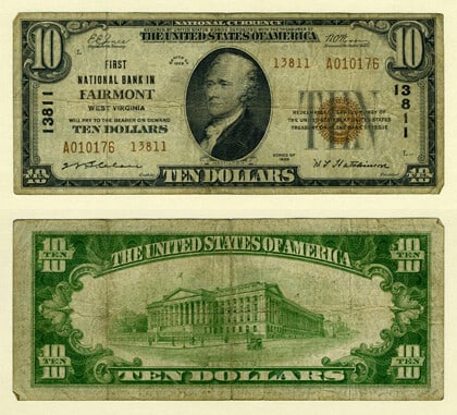1929 T-2 $10 National Bank Note Fairmont WV Ch 13811 First NB (1 of 1)