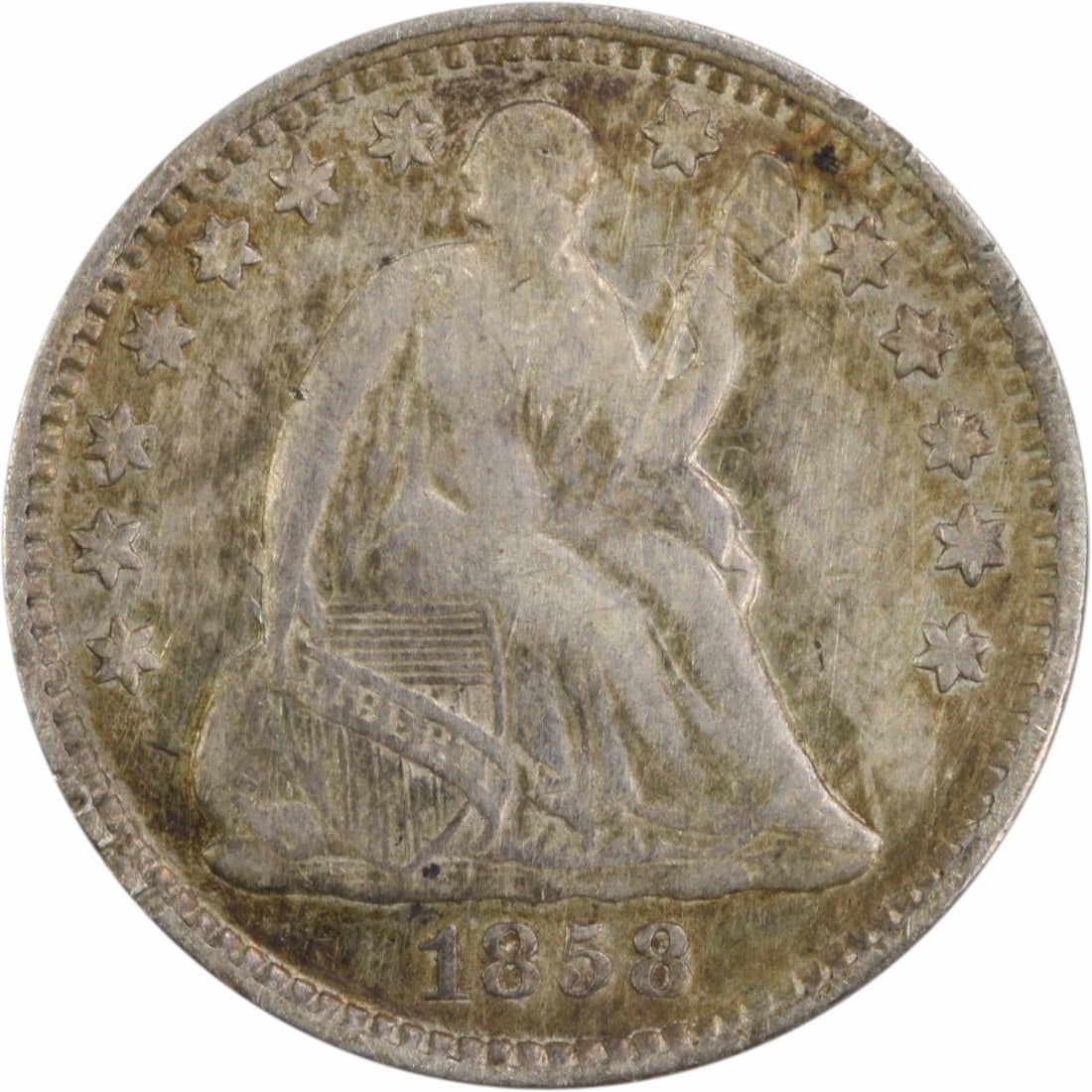 1858 Liberty Seated Half Dime 90% Silver Uncertified Coin: 1858 Liberty Seated Half Dime 90% Silver Uncertified Coin This 1858 Liberty Seated Silver Half Dime presents a classic representation of American coinage, featuring the elegant design by Christian Gob