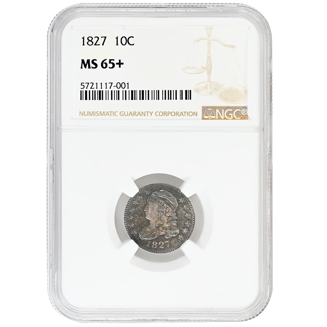 NGC MS65+ 1827 Capped Bust 10C Silver Dime Superb Toning: NGC MS65+ 1827 Capped Bust 10C Silver Dime Superb Toning 1827 Capped Bust dime certified by NGC and graded MS65+. This uncirculated United States silver 10C coin features the Type 1 Large Dentils vari
