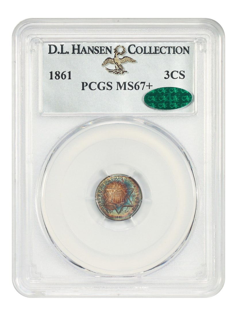 1861 Three Cent Silver PCGS MS67+ CAC D.L. Hansen (1 of 4)