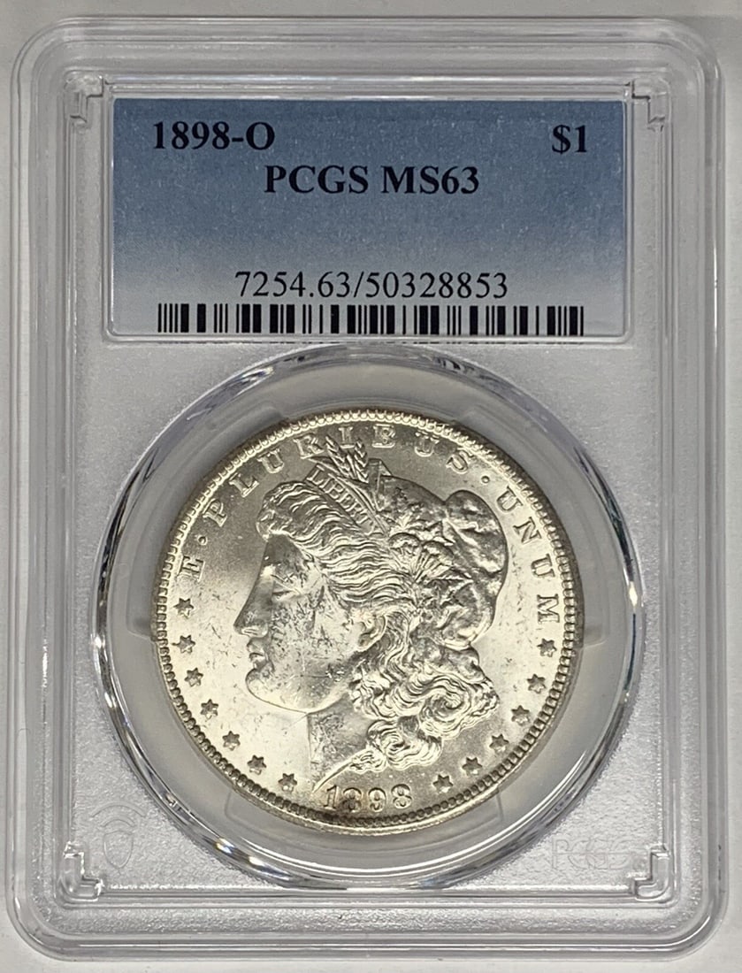 PCGS MS 63 1898-O Morgan Silver Dollar Uncirculated US Coin: PCGS MS 63 1898-O Morgan Silver Dollar Uncirculated US Coin This 1898-O Morgan Silver Dollar is certified by PCGS with a grade of MS 63, indicating an uncirculated coin of high quality. Minted in the 