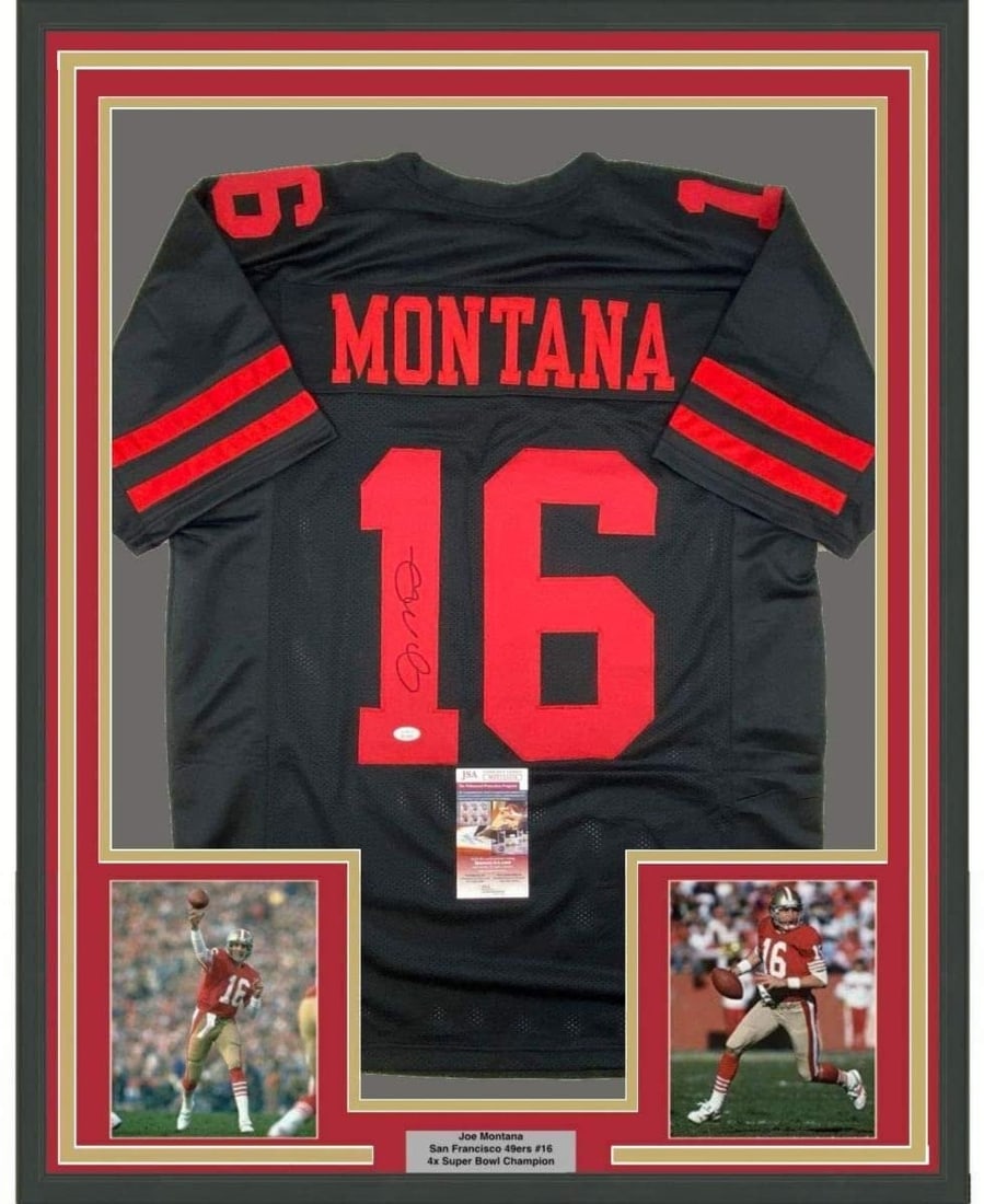 Joe Montana autographed framed black 49ers jersey 35x39 JSA: Joe Montana autographed framed black 49ers jersey 35x39 JSA Professionally framed and matted signed Joe Montana black San Francisco 49ers jersey with two 5x7 photos. This original autographed football
