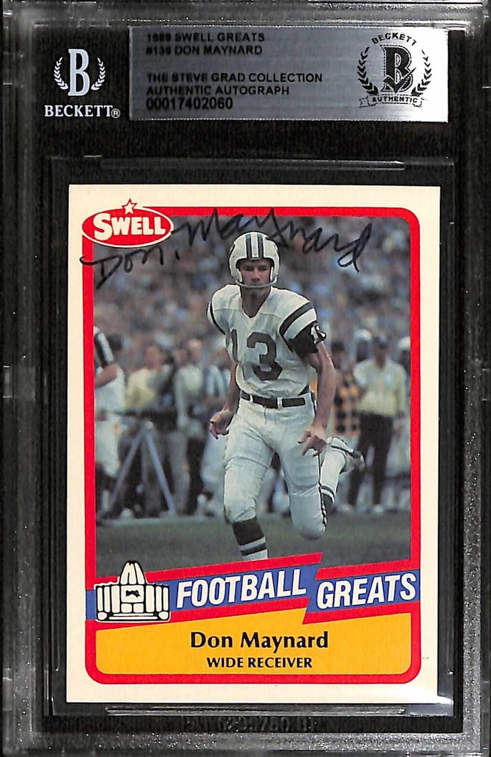 Beckett authenticated Don Maynard 1989 Swell Greats #139 autographed card: Beckett authenticated Don Maynard 1989 Swell Greats #139 autographed card Original 1989 Swell Greats #139 sports trading card autographed by Don Maynard of the New York Jets. The card is signed in bla