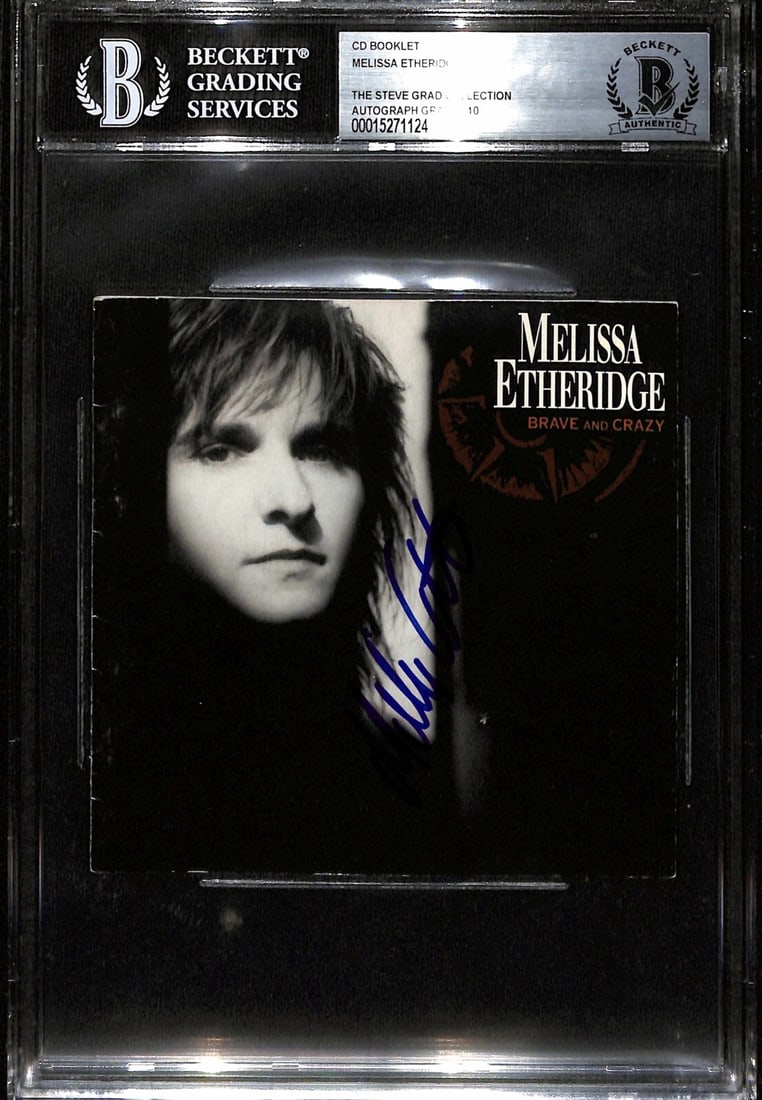 Beckett 10 Graded Melissa Etheridge Signed Black and White CD Booklet: Beckett 10 Graded Melissa Etheridge Signed Black and White CD Booklet This is a pre-owned black and white CD booklet for Melissa Etheridge's "Brave and Crazy," autographed in blue permanent marker by 