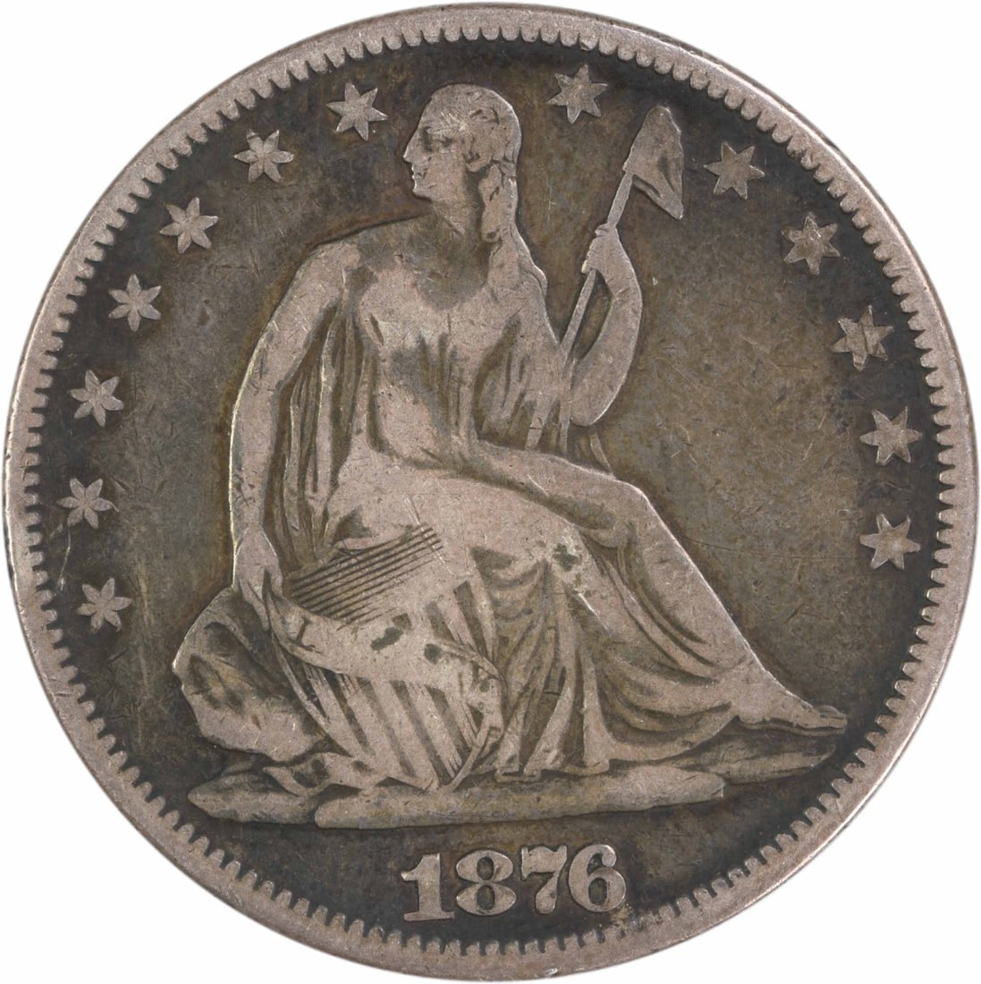 1876 US Seated Liberty 50C Silver Half Dollar F Uncertified: 1876 US Seated Liberty 50C Silver Half Dollar F Uncertified 1876 Liberty Seated silver half dollar coin. This pre-owned, circulated example is uncertified and graded F. Specifications Year: 1876 Coin: