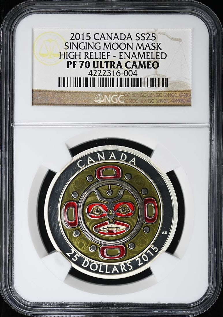 2015 High Relief Singing Moon Mask Enameled Silver 25 Dollars NGC PR70: 2015 High Relief Singing Moon Mask Enameled Silver 25 Dollars NGC PR70 This 2015 Canadian Singing Moon Mask High Relief coin features vibrant enamel and is struck in high relief. Certified by NGC with