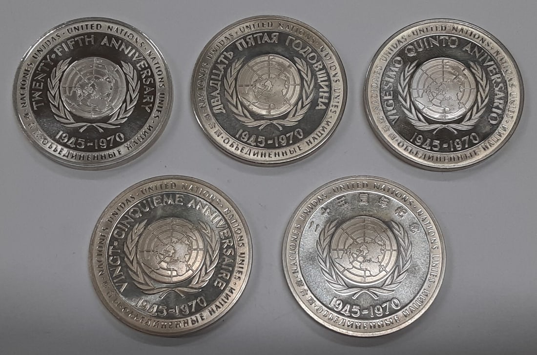 Five Sterling Silver Medals United Nations 25th Anniversary Franklin Mint 1970 Set: Five Sterling Silver Medals United Nations 25th Anniversary Franklin Mint 1970 Set This 1970 Franklin Mint set commemorates the 25th anniversary of the founding of the United Nations. The collection f