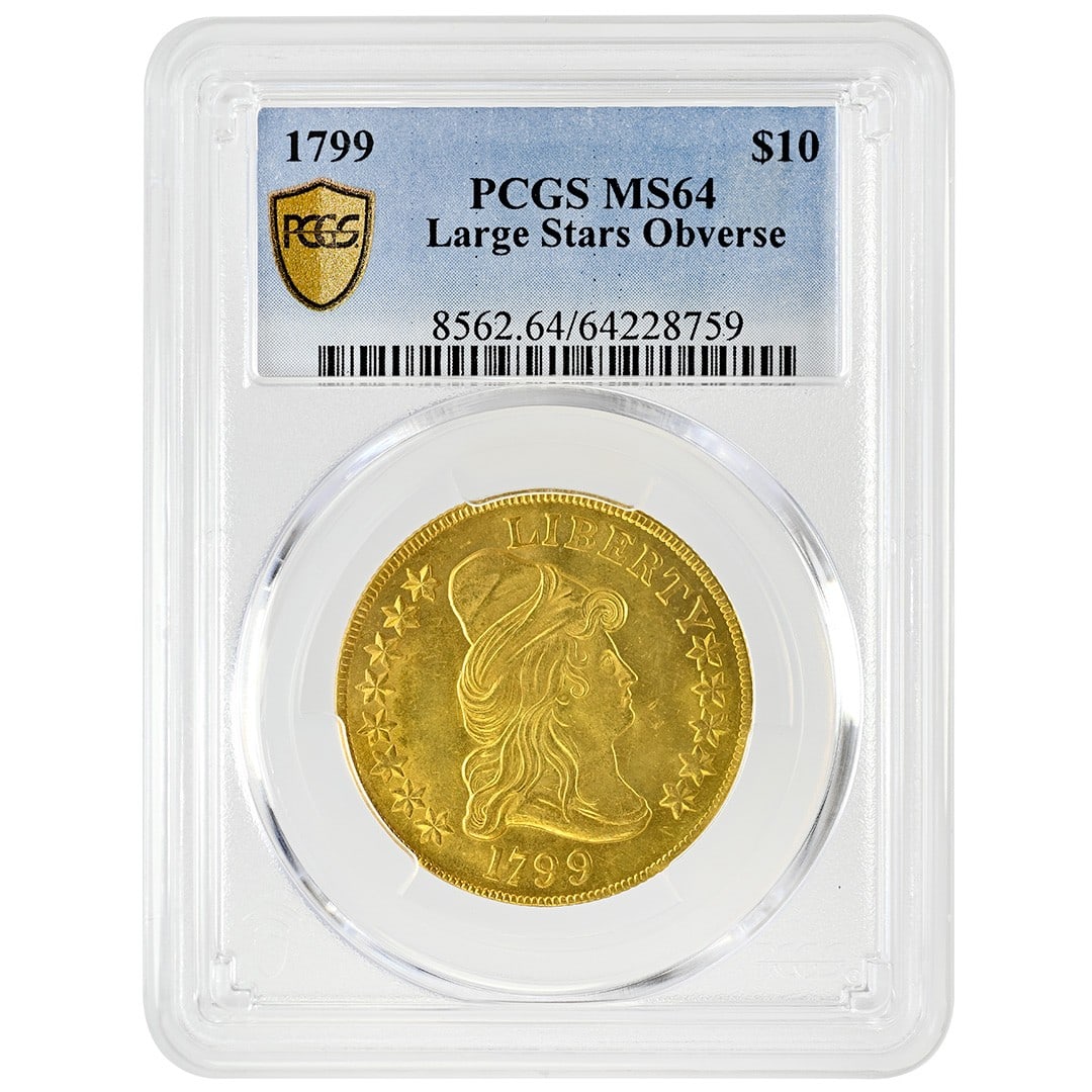 1799 Gold $10 Draped Bust Eagle PCGS MS64 Large Stars: 1799 Gold $10 Draped Bust Eagle PCGS MS64 Large Stars 1799 $10 Draped Bust gold coin graded PCGS MS64. This uncirculated United States coin features the Large Stars Obverse and Type 2 Heraldic Eagle d