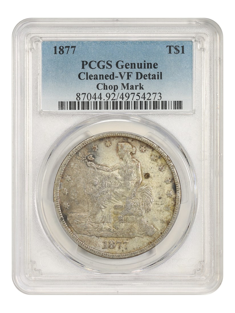 1877 Philadelphia Trade Dollar T$1 PCGS VF Details Chopmarked Cleaned: 1877 Philadelphia Trade Dollar T$1 PCGS VF Details Chopmarked Cleaned 1877 Trade Dollar certified by PCGS as VF Details with chopmark and cleaned details. This circulated Philadelphia issue was minted