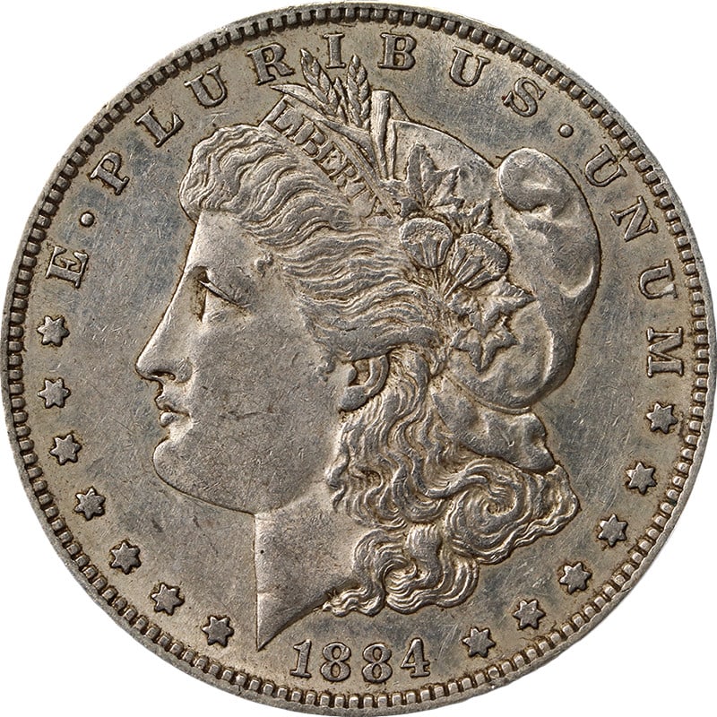 PCGS AU50 1884 S Morgan Silver Dollar: PCGS AU50 1884 S Morgan Silver Dollar 1884-S Morgan Silver Dollar graded PCGS AU50. This circulated coin is described as having great eye appeal, a strong strike, superb color, and superb surfaces. Pr