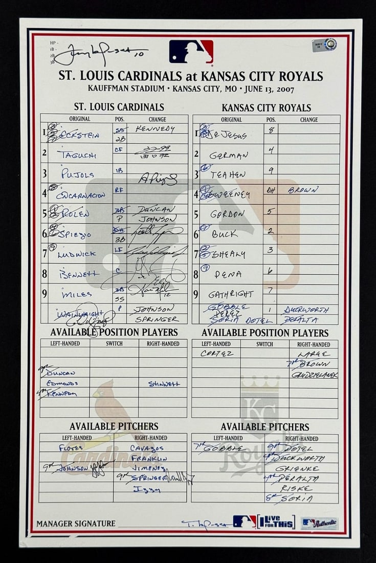 Beckett authenticated 2007 Cardinals game used lineup card 11 signatures: Beckett authenticated 2007 Cardinals game used lineup card 11 signatures Original 2007 St. Louis Cardinals game-used lineup card signed by Albert Pujols and 10 additional members of the team. This lin