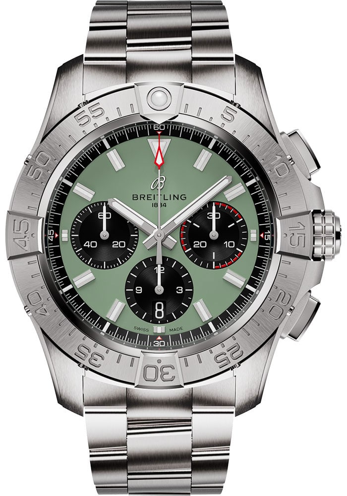 Breitling AB0147101L1A1 Avenger B01 Chronograph Green Dial Mens Watch: Breitling AB0147101L1A1 Avenger B01 Chronograph Green Dial Mens Watch Breitling Avenger B01 Chronograph wristwatch featuring a green dial, rotating bezel, and bracelet. Includes card dated 2026. Speci