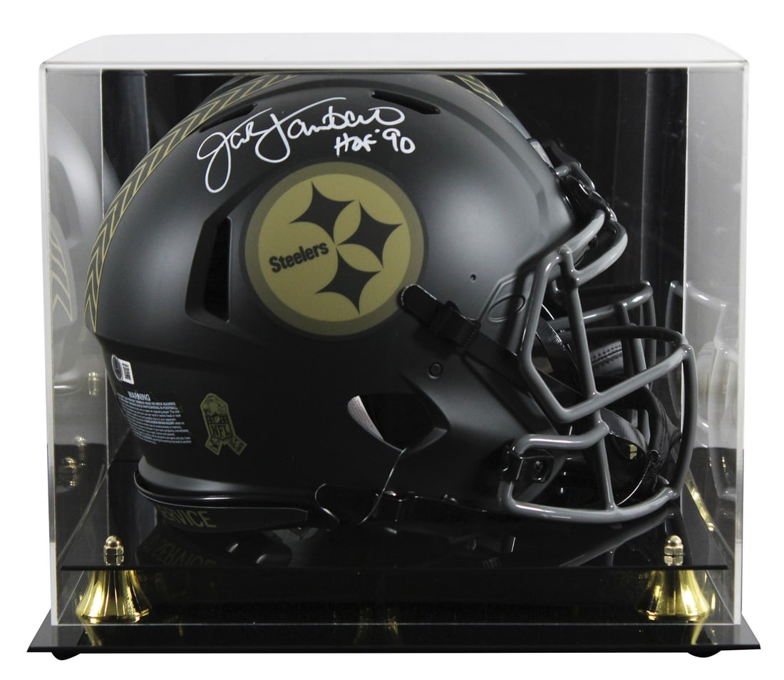 Jack Lambert Signed Steelers Helmet HOF 90 BAS Authenticated: Jack Lambert Signed Steelers Helmet HOF 90 BAS Authenticated This is an authentic Pittsburgh Steelers full-size Speed Proline helmet personally signed by Hall of Famer Jack Lambert, featuring the insc