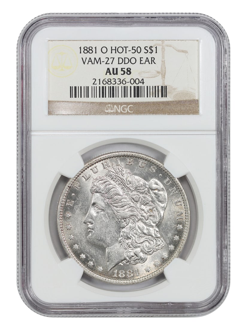 NGC AU58 1881 O Morgan Silver Dollar VAM 27 Doubled Ear: NGC AU58 1881 O Morgan Silver Dollar VAM 27 Doubled Ear 1881-O Morgan Dollar certified by NGC as AU58. This circulated Hot 50 VAM example is identified as VAM 27, Doubled Ear. Pre-owned. Specification