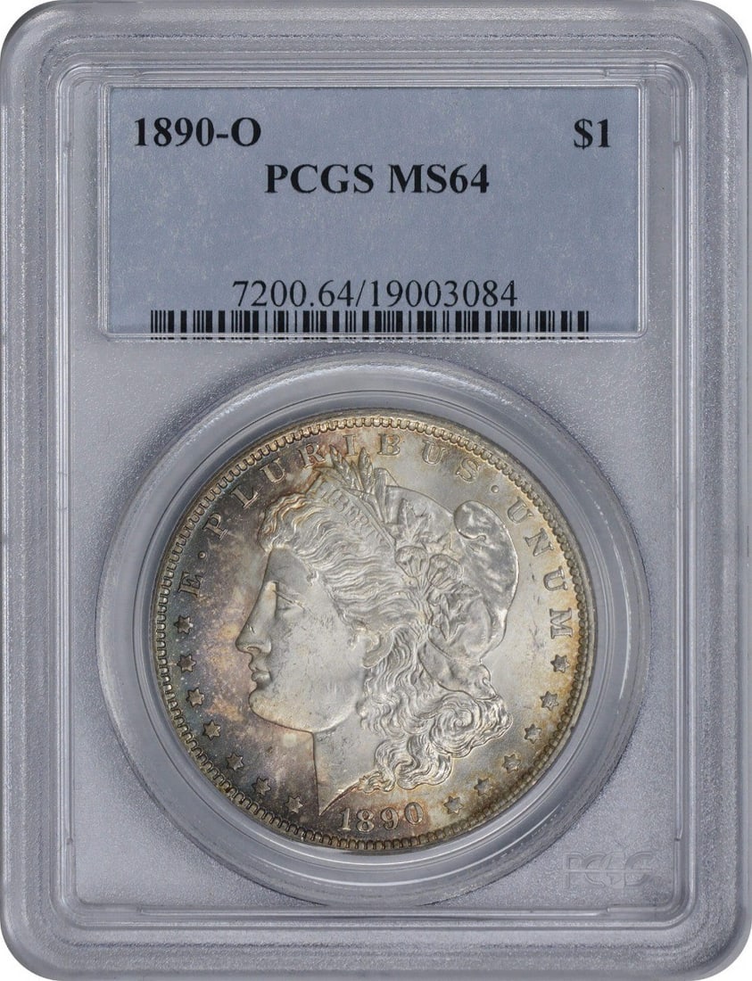 PCGS MS64 1890 O Morgan Silver Dollar: PCGS MS64 1890 O Morgan Silver Dollar This is an 1890-O Morgan Dollar graded MS64 by PCGS. The coin features a dark grey and blue toned reverse with red and blue hues on the obverse. Composed of 90% s