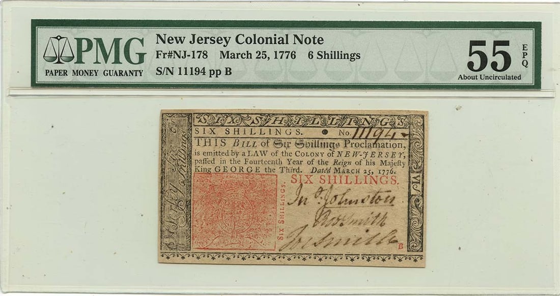 New Jersey Colonial 6 Shillings Note 1776 Mar 25 PMG AU55 EPQ FR#NJ-178 (1 of 2)