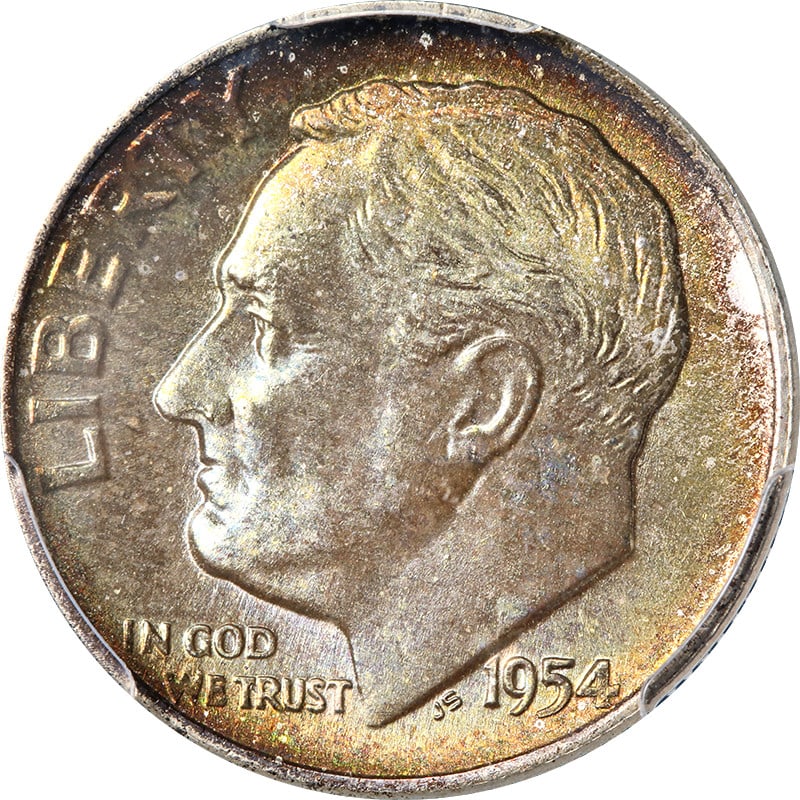 PCGS MS67+ FB 1954-D Roosevelt Silver Dime: PCGS MS67+ FB 1954-D Roosevelt Silver Dime Original 1954-D Roosevelt dime certified by PCGS in MS67+ FB grade. This uncirculated silver coin is noted for nice eye appeal, nice luster, a strong strike,