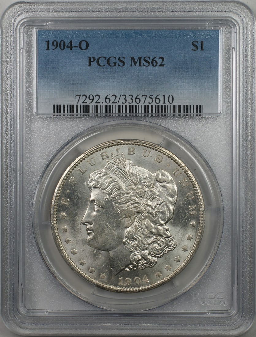 PCGS MS62 1904 O Morgan Silver Dollar $1: PCGS MS62 1904 O Morgan Silver Dollar $1 1904-O Morgan Silver Dollar $1 coin certified by PCGS and graded MS 62. This uncirculated silver coin was minted in the United States at the New Orleans Mint. 