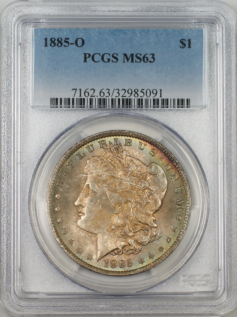 PCGS MS63 1885 O Morgan Silver Dollar New Orleans Toned: PCGS MS63 1885 O Morgan Silver Dollar New Orleans Toned 1885-O Morgan Silver Dollar $1 coin graded MS-63 by PCGS. This uncirculated United States silver coin features attractive toning and is offered 