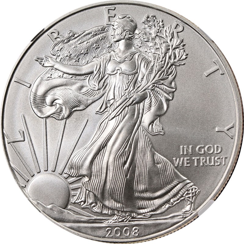 NGC MS70 2008-W Burnished Silver American Eagle Dollar: NGC MS70 2008-W Burnished Silver American Eagle Dollar Original 2008-W Silver American Eagle $1 burnished coin certified by NGC as MS70. This uncirculated silver coin is described as having superb eye