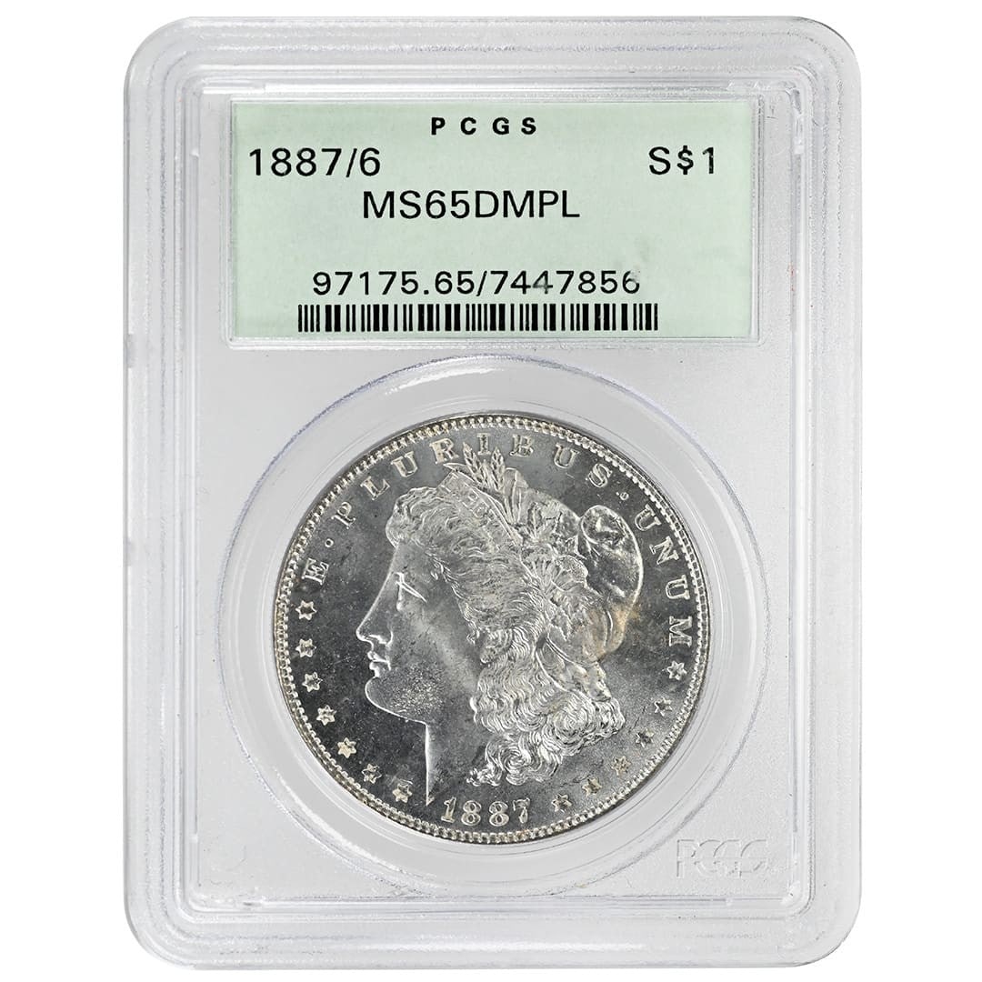 PCGS MS65 DMPL 1887 6 Overdate Morgan Silver Dollar: PCGS MS65 DMPL 1887 6 Overdate Morgan Silver Dollar 1887/6 Morgan Silver Dollar rare overdate coin graded PCGS MS65 DMPL. This pre-owned silver dollar is housed in an older green holder and is bright 