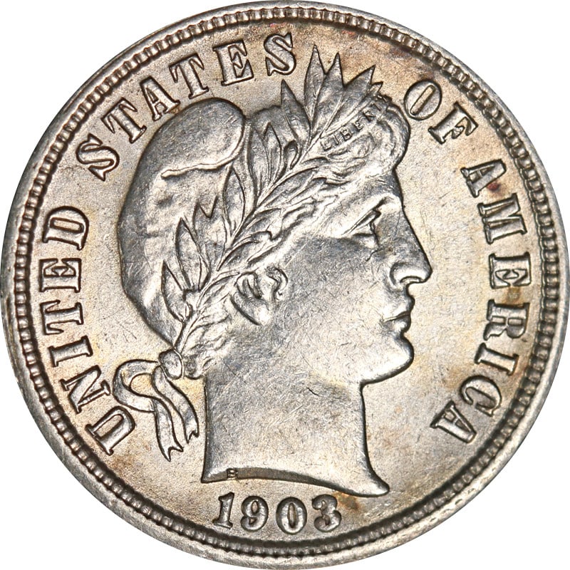 United States 1903 P Barber silver dime coin: United States 1903 P Barber silver dime coin 1903-P Barber Dime from the United States. This pre-owned coin is uncertified, struck in 90% silver, and listed in circulated condition. Specifications Ite