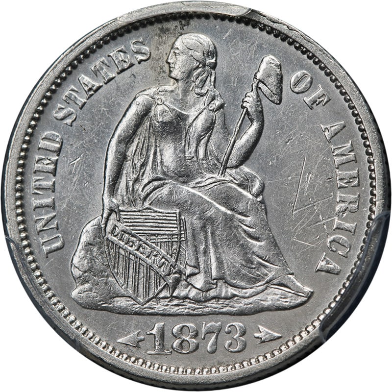 PCGS AU Details 1873-P Seated Liberty Dime DDO Silver Coin: PCGS AU Details 1873-P Seated Liberty Dime DDO Silver Coin 1873-P Seated Liberty Dime Doubled Die Obverse, certified by PCGS as AU Details. This circulated silver United States coin has a strong strik