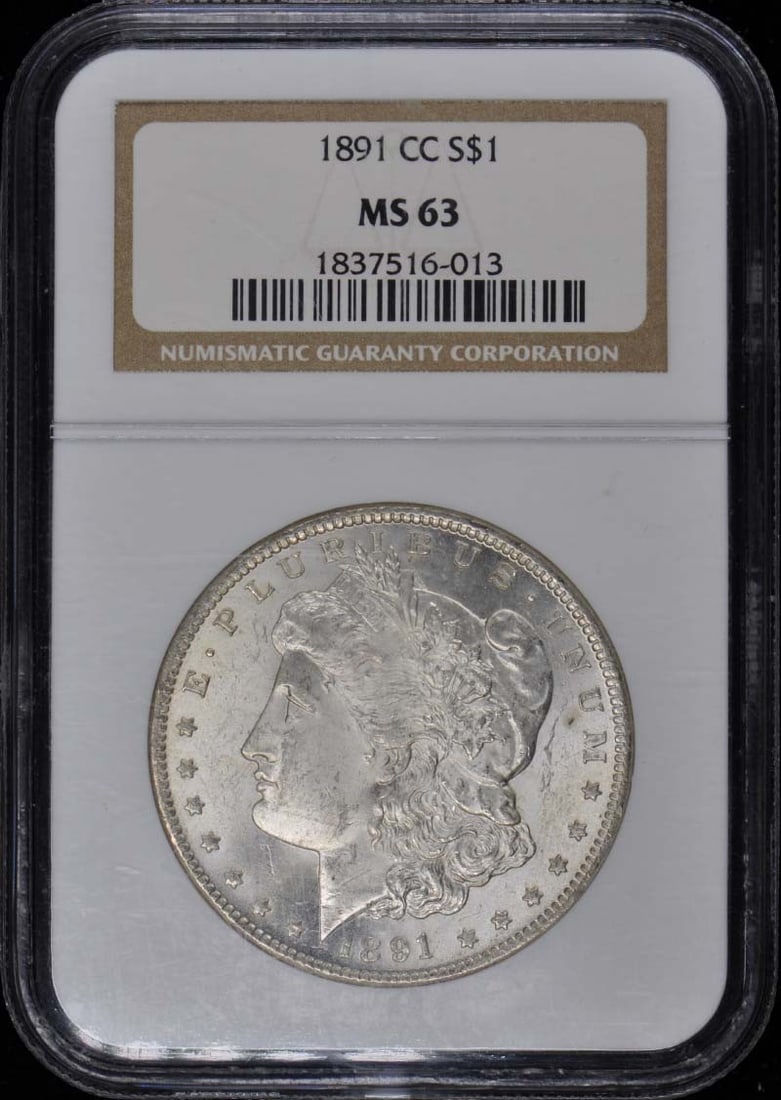 1891-CC Morgan Dollar NGC MS63 Uncirculated Coin: 1891-CC Morgan Dollar NGC MS63 Uncirculated Coin This 1891-CC Morgan Dollar is a stunning example of American coinage, boasting a grade of MS63 from NGC. This uncirculated coin, minted in Carson City,
