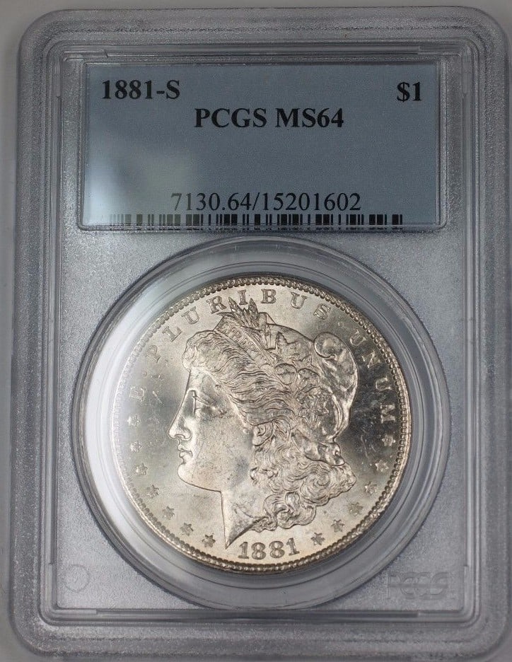 PCGS MS64 1881 S Morgan Silver Dollar US $1 Coin: PCGS MS64 1881 S Morgan Silver Dollar US $1 Coin 1881-S US Morgan Silver Dollar $1 coin certified by PCGS and graded MS-64. This uncirculated silver coin was minted in the United States in 1881. Condi