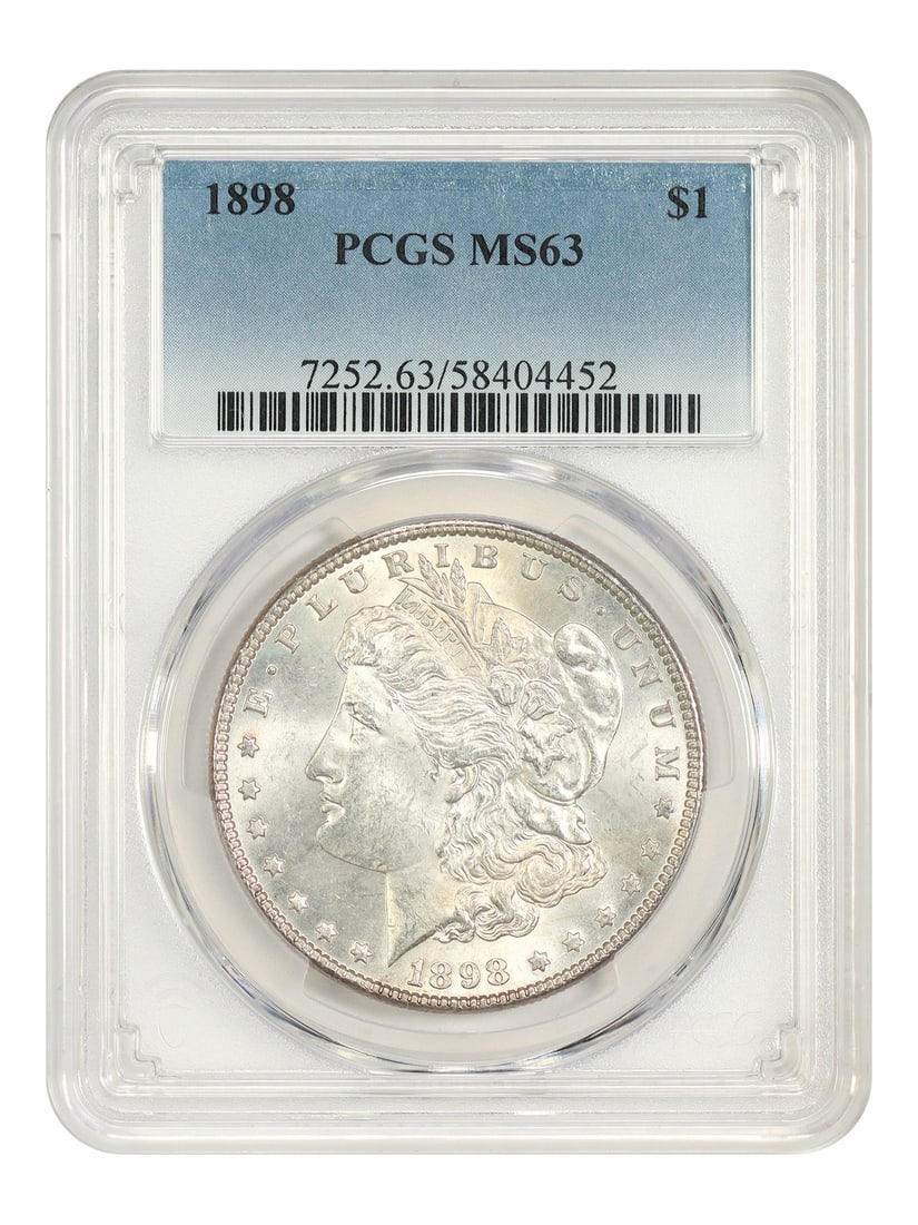 PCGS MS63 1898 Morgan Silver Dollar $1 Philadelphia: PCGS MS63 1898 Morgan Silver Dollar $1 Philadelphia 1898 Morgan Dollar certified by PCGS in MS63 grade. This pre-owned coin is an uncirculated example struck at the Philadelphia Mint. Specifications D