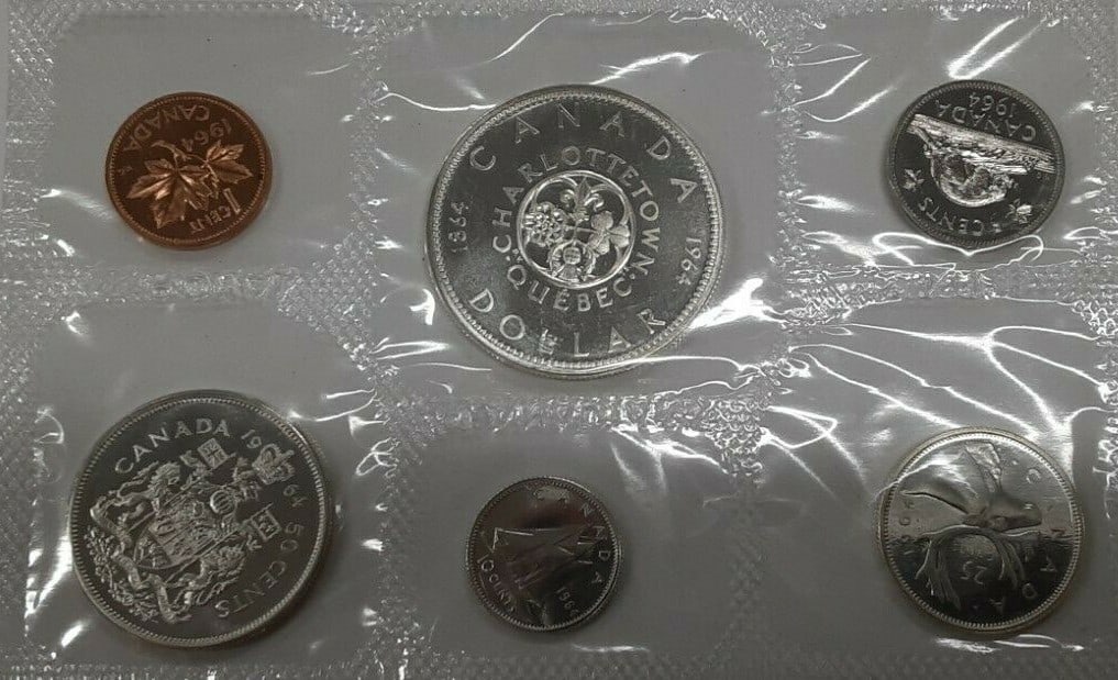 Uncirculated 1964 Canada Prooflike Mint Coin Set in RCM Pilofilm Packaging: Uncirculated 1964 Canada Prooflike Mint Coin Set in RCM Pilofilm Packaging This 1964 Canada Mint Set features uncirculated, proof-like coins sealed in the original plastic from the Royal Canadian Mint