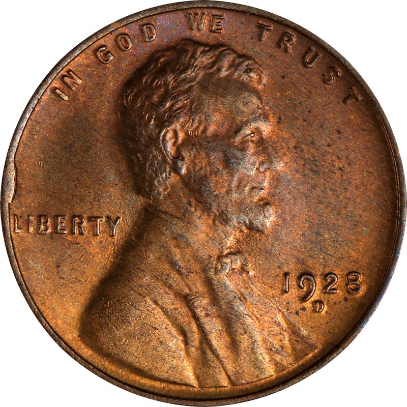 Denver 1928 Lincoln Cent Copper Coin with Tiny Obverse Cud: Denver 1928 Lincoln Cent Copper Coin with Tiny Obverse Cud 1928-D Lincoln cent featuring a tiny obverse cud. This circulated, uncertified coin is a copper issue from the United States. Specifications 