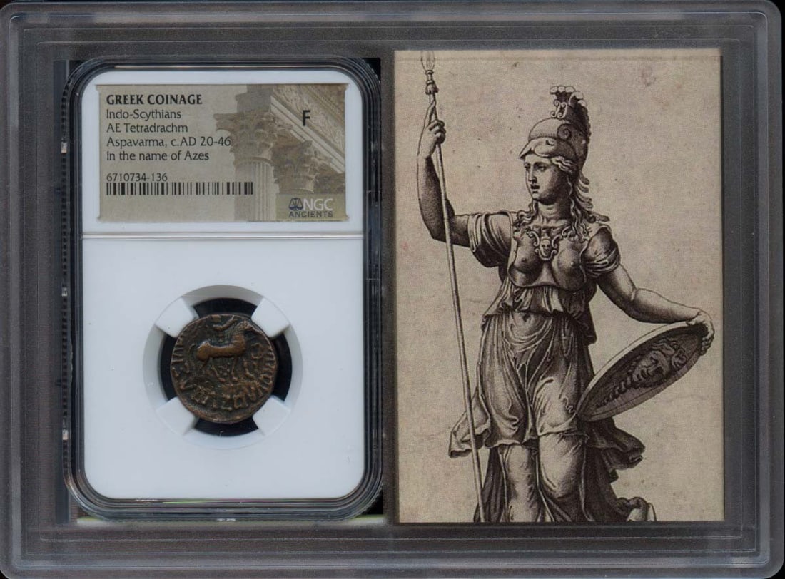 NGC Fine 12 Aspavarma Indo Scythian BI Tetradrachm: NGC Fine 12 Aspavarma Indo Scythian BI Tetradrachm This is an Aspavarma Indo-Scythians BI Tetradrachm dating from approximately AD 20-46. The coin has been graded Fine 12 (F12) by NGC and is encapsula