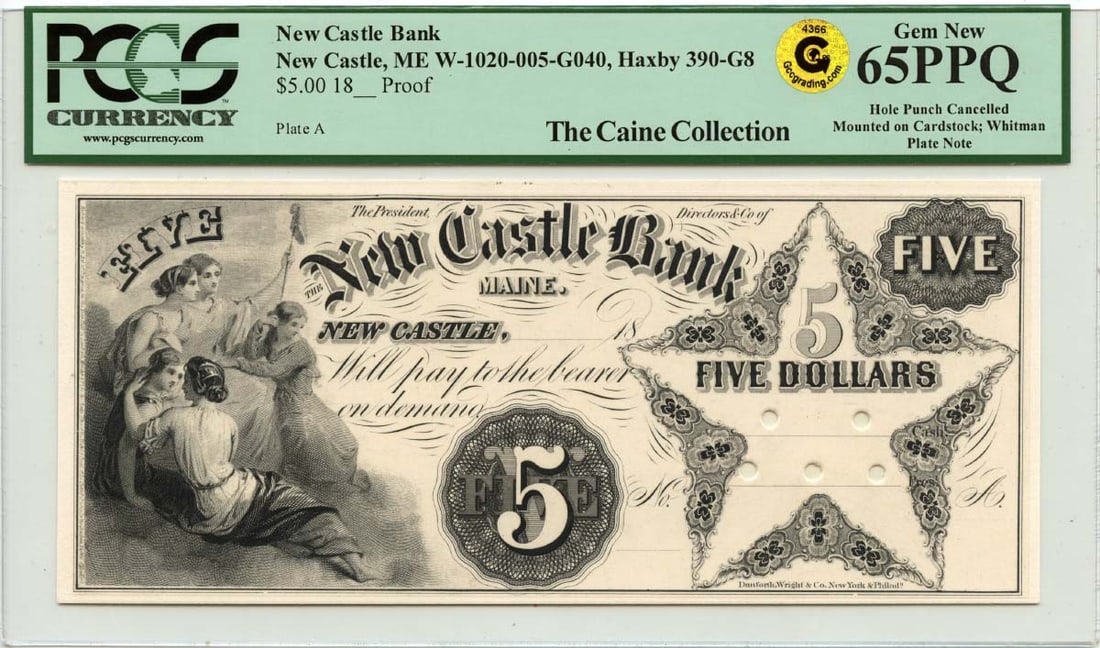 PCGS 65 PPQ Proof Obsolete Note New Castle Bank Maine $5: PCGS 65 PPQ Proof Obsolete Note New Castle Bank Maine $5 Obsolete note from New Castle Bank in Maine, graded by PCGS Currency as Gem 65 PPQ. This pre-owned example is uncirculated and identified as a 