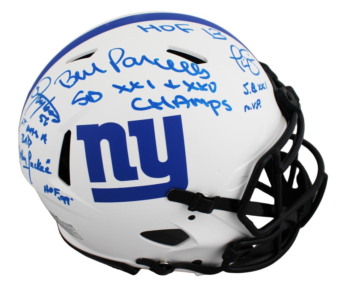 New York Giants Speed Proline Full Size Helmet signed by Parcells Simms Taylor: New York Giants Speed Proline Full Size Helmet signed by Parcells Simms Taylor Autographed New York Giants full-size Speed Proline helmet signed by Bill Parcells, Phil Simms, and Lawrence Taylor. This