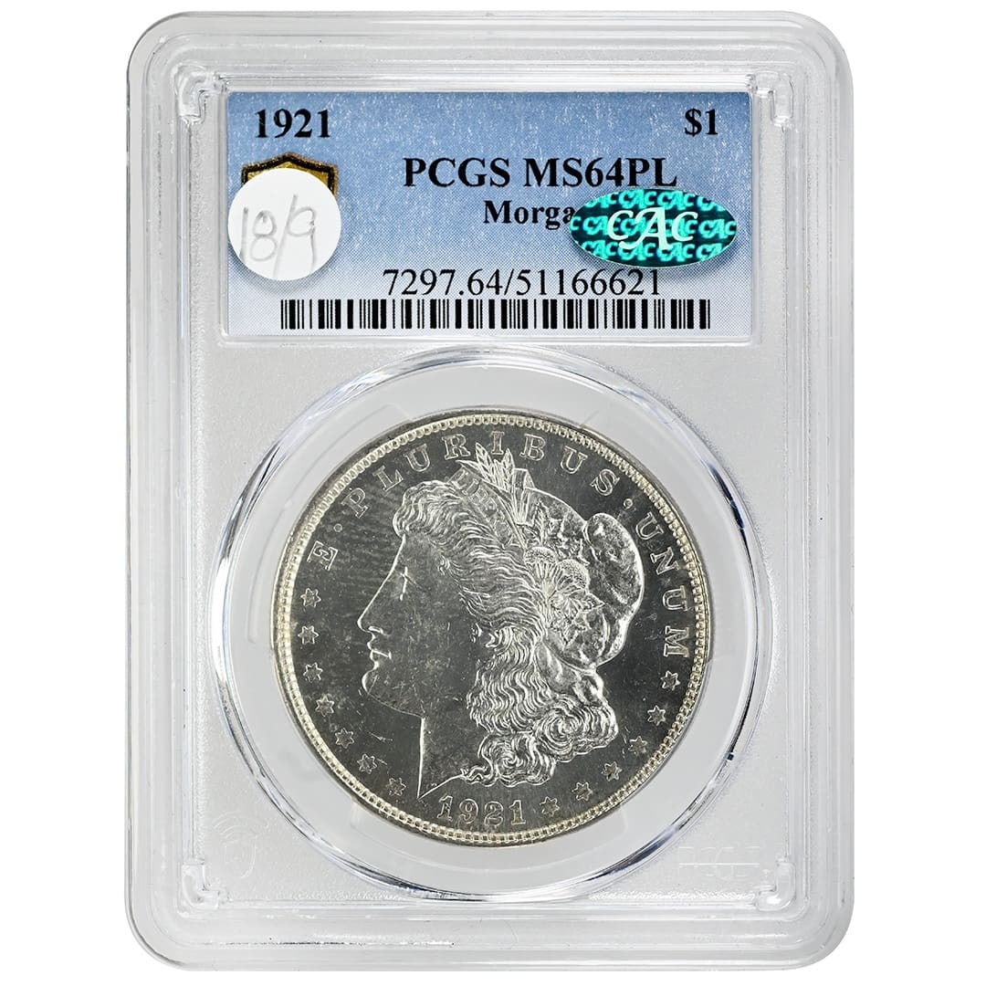 PCGS MS64PL CAC 1921 Morgan $1 Silver Dollar Proof Like: PCGS MS64PL CAC 1921 Morgan $1 Silver Dollar Proof Like 1921 Morgan Silver Dollar with a proof-like strike, graded MS64PL by PCGS and approved by CAC. This pre-owned United States silver dollar is a c