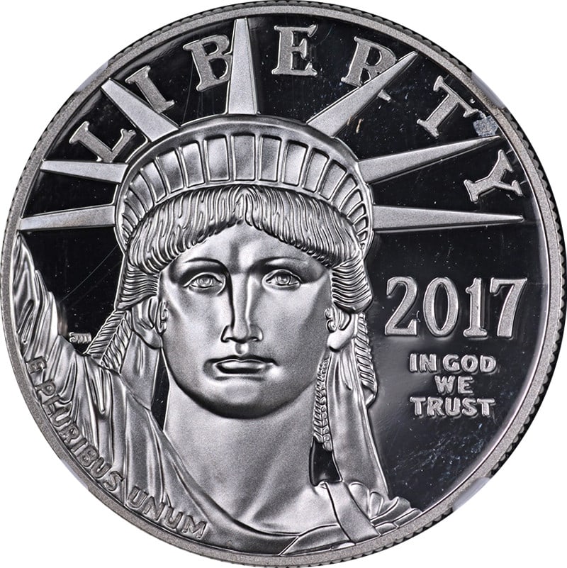 NGC PF69 Ultra Cameo Error 2017-W $100 Platinum Eagle Obverse Struck Thru: NGC PF69 Ultra Cameo Error 2017-W $100 Platinum Eagle Obverse Struck Thru This original 2017-W Platinum American Eagle $100 coin features a notable error, with an obverse struck through by a small obs