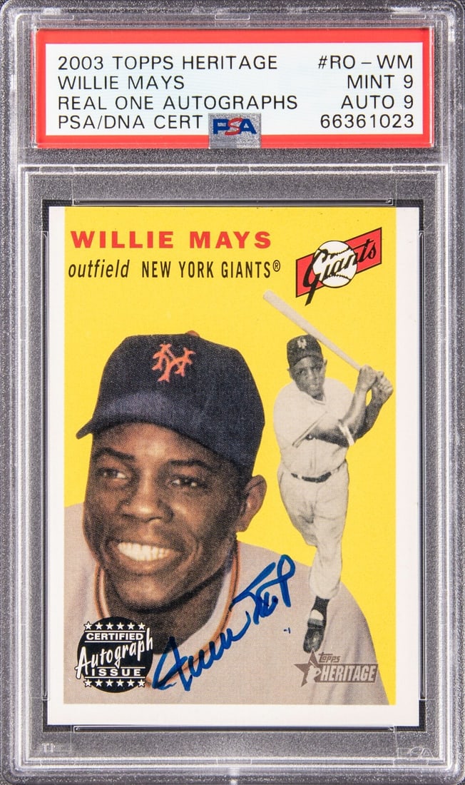 Willie Mays Signed 2003 Topps Heritage Real One PSA 9 Mint Pop 1 Baseball Card: Willie Mays Signed 2003 Topps Heritage Real One PSA 9 Mint Pop 1 Baseball Card This is a 2003 Topps Heritage Real One card featuring Willie Mays, autographed and graded PSA 9 MINT. The card is a tribu