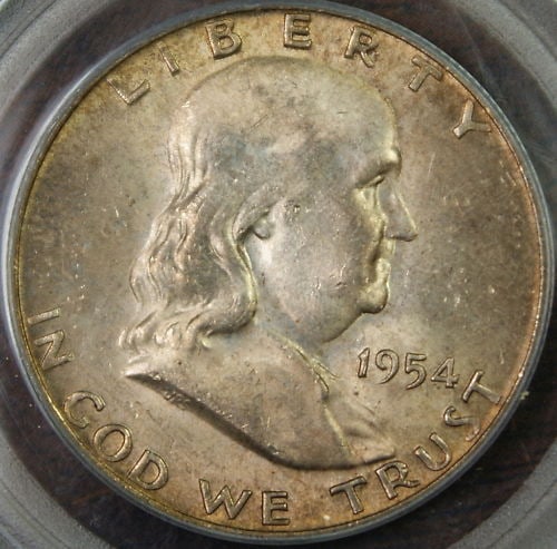 PCGS MS-64 FBL 1954-D Franklin Half Dollar Silver Toned: PCGS MS-64 FBL 1954-D Franklin Half Dollar Silver Toned 1954-D Franklin Half Dollar graded PCGS MS-64 with FBL designation and toned appearance. This uncirculated United States silver 50C coin is a pr