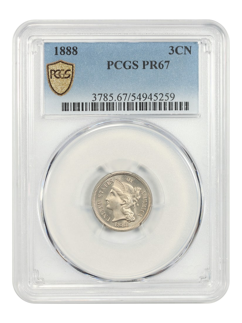 PCGS PR67 1888 Three Cent Nickel 3CN: PCGS PR67 1888 Three Cent Nickel 3CN 1888 Three Cent Nickel certified by PCGS as PR67. This proof issue had a mintage of 4,582 coins. An uncirculated pre-owned example with thickly frosted devices, sm