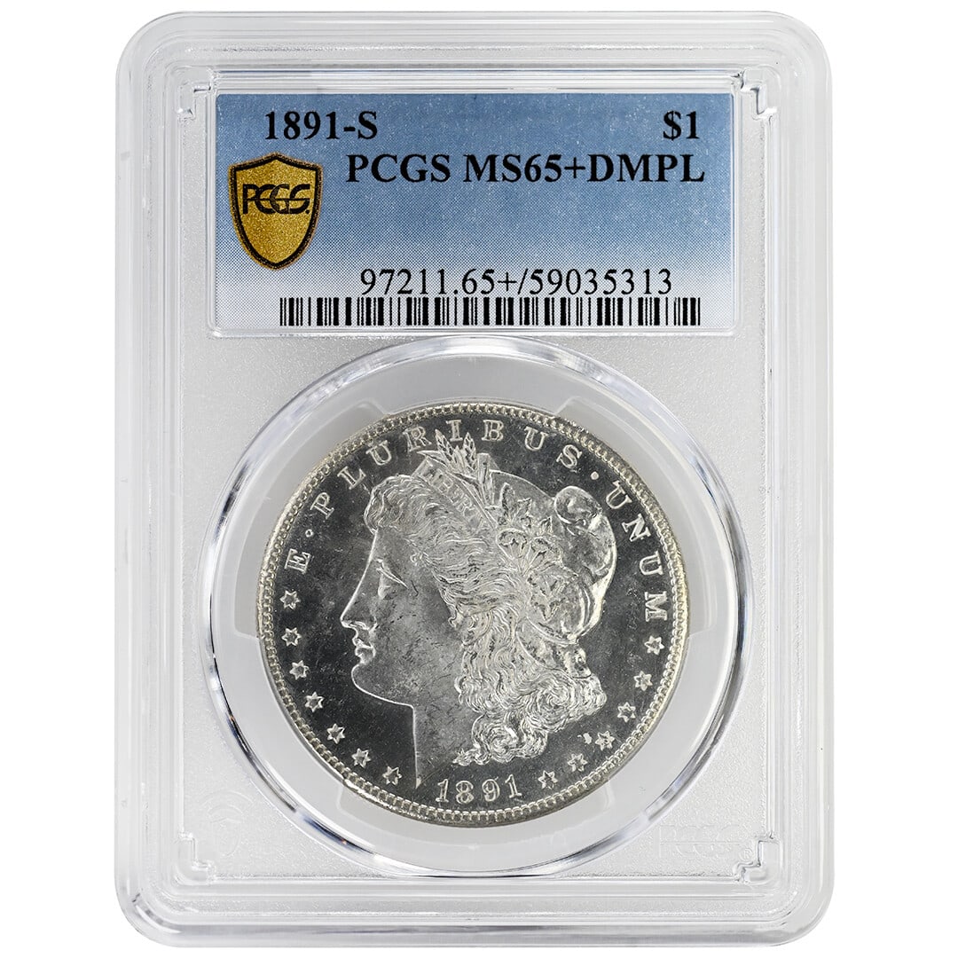 PCGS MS65+ DMPL 1891-S Morgan Silver Dollar $1: PCGS MS65+ DMPL 1891-S Morgan Silver Dollar $1 1891-S Morgan Dollar certified by PCGS as MS65+ DMPL. This uncirculated silver $1 coin is a scarce date in Deep Mirror Proof-Like format, with white surf