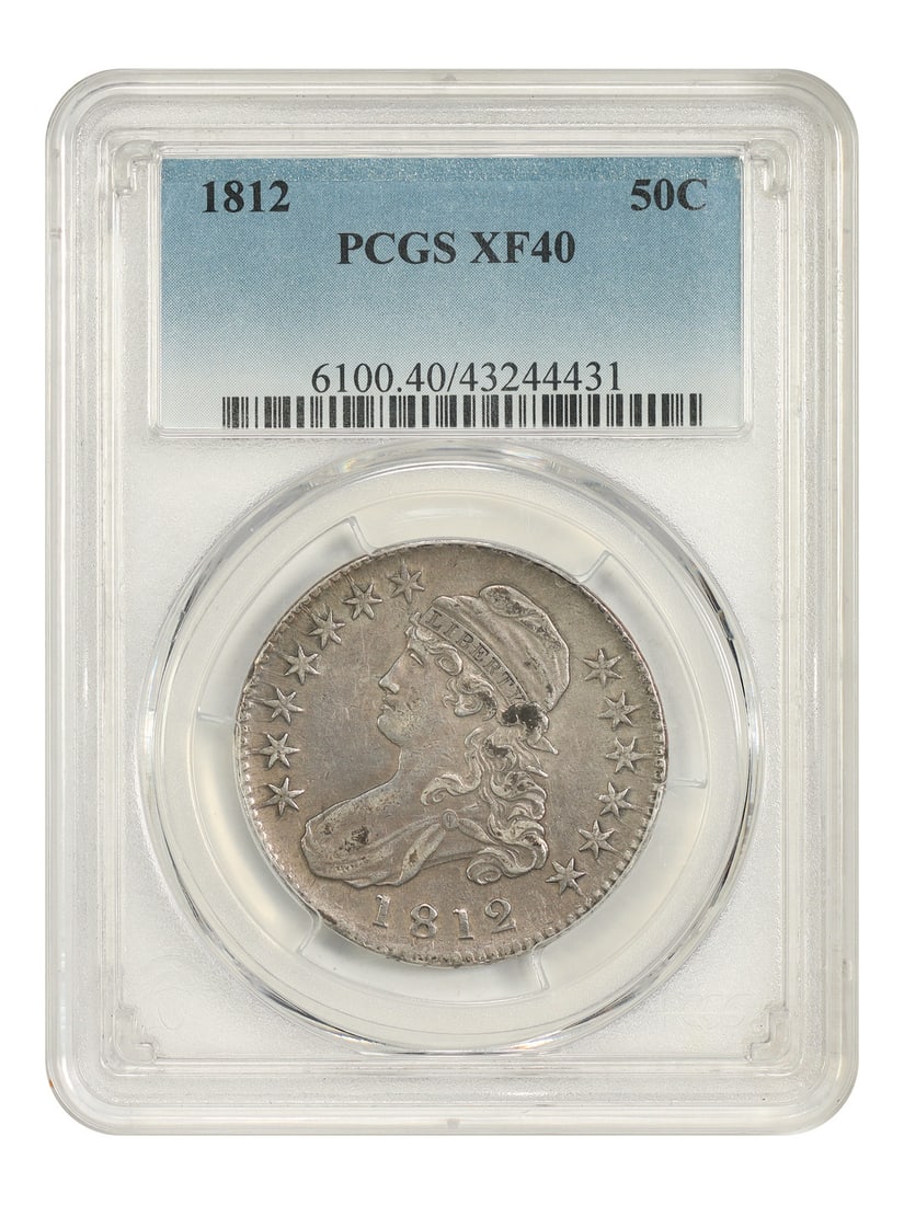PCGS XF40 1812 Capped Bust Half Dollar 50C: PCGS XF40 1812 Capped Bust Half Dollar 50C 1812 Capped Bust Half Dollar certified by PCGS as XF40. This circulated, pre-owned coin is housed in a PCGS holder; please note there is a small chip on the 