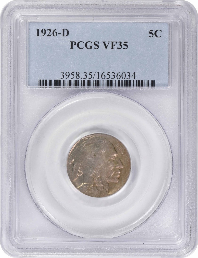PCGS VF35 1926 D Buffalo 5C Nickel: PCGS VF35 1926 D Buffalo 5C Nickel This 1926-D Buffalo Nickel is a circulated U.S. coin graded VF35 by PCGS. It features the Buffalo design by James Earle Fraser and was minted in Denver. The coin is 