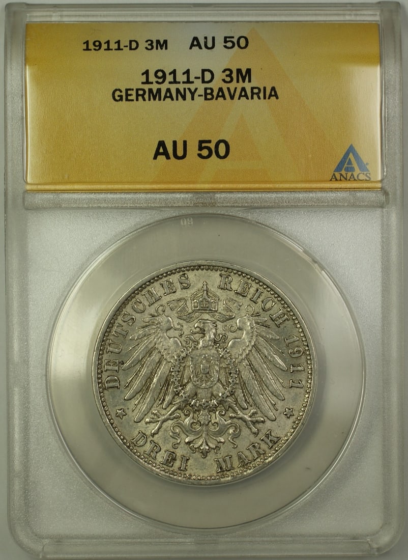 ANACS AU-50 1911-D Bavaria Germany 3 Mark Silver Coin (1 of 2)