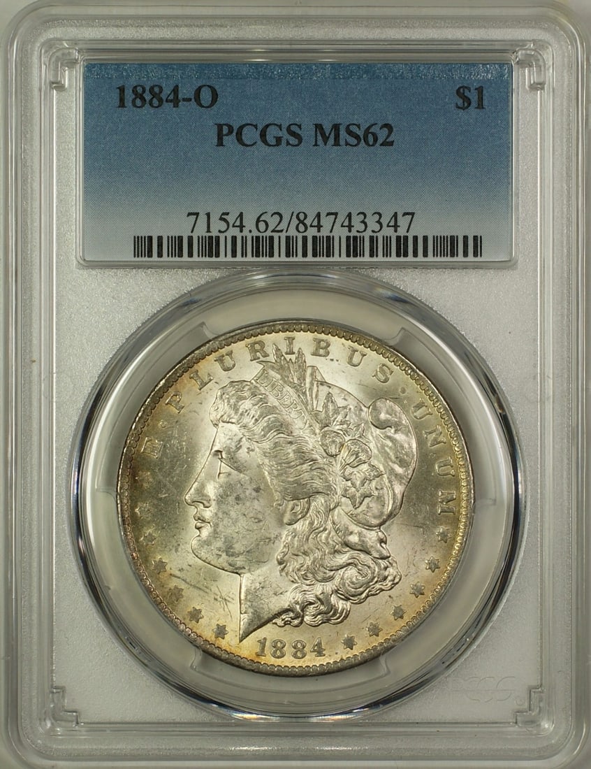 PCGS MS62 1884 O Morgan Dollar $1 Silver Coin Toned: PCGS MS62 1884 O Morgan Dollar $1 Silver Coin Toned 1884-O Morgan Silver Dollar $1 coin graded MS 62 by PCGS. This uncirculated silver coin is a toned Morgan Dollar from the United States and is offer