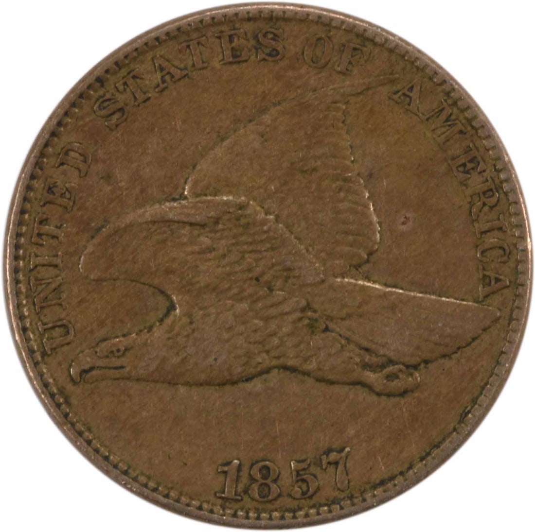 1857 Flying Eagle Cent XF Uncertified 88% Copper 12% Nickel: 1857 Flying Eagle Cent XF Uncertified 88% Copper 12% Nickel This 1857 Flying Eagle Cent is a remarkable piece of numismatic history, featuring a striking design by James Barton Longacre. The coin is c