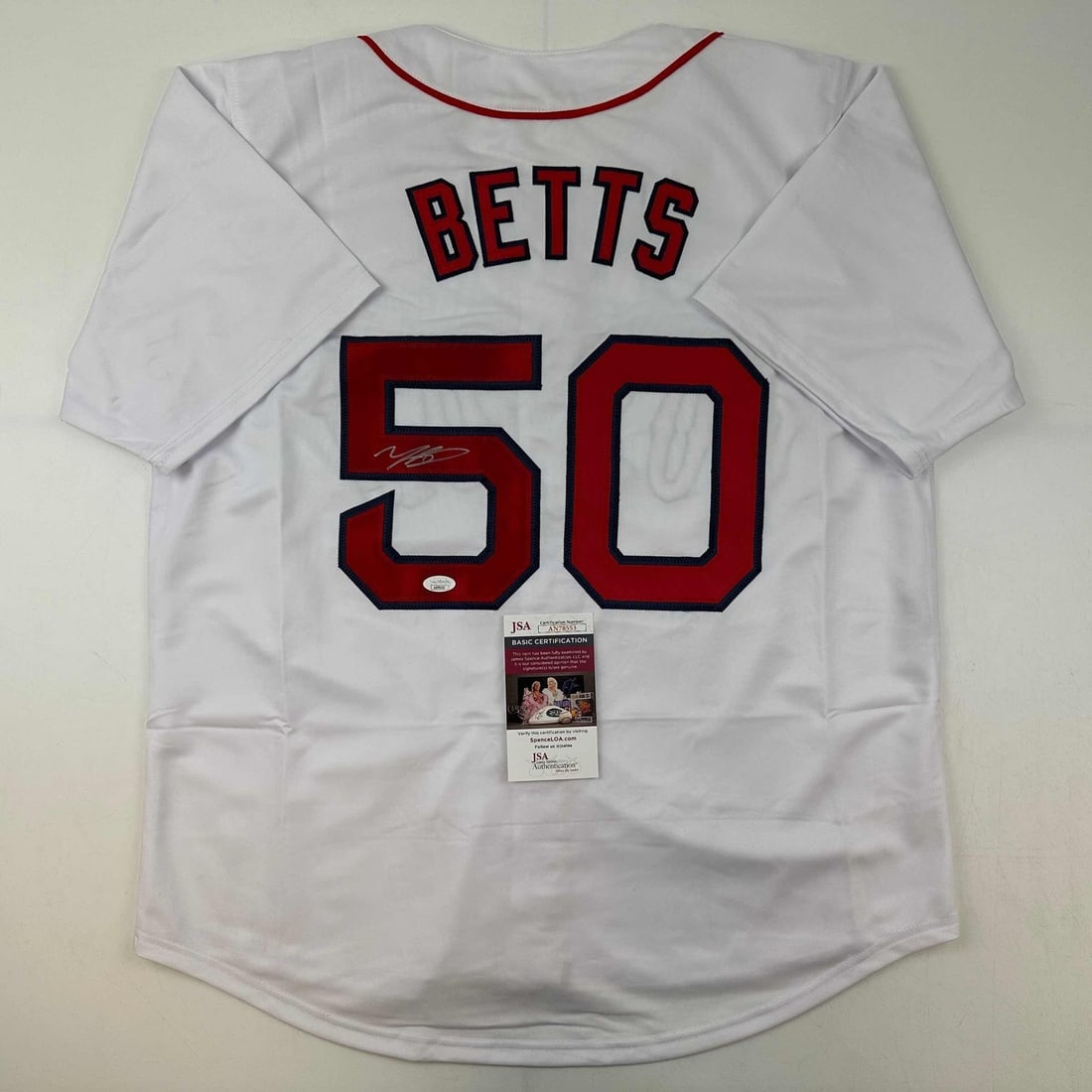 Mookie Betts Signed White Baseball Jersey JSA Authenticated: Mookie Betts Signed White Baseball Jersey JSA Authenticated Pre-owned custom white baseball jersey signed by Mookie Betts. This original autographed collectible includes JSA authentication. The jersey