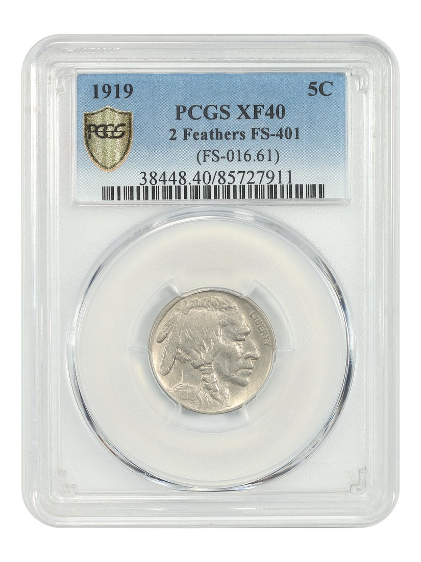 Buffalo Nickel 1919 5C PCGS XF40 2 Feathers FS-401: Buffalo Nickel 1919 5C PCGS XF40 2 Feathers FS-401 1919 Buffalo Nickel certified by PCGS in XF40. This circulated 5C coin is identified as the 2 Feathers, FS-401 variety and is offered as a pre-owned 